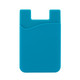 A turquoise soft touch silicone phone card holder with a wavy design and a slot for cards. It features a logo.