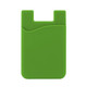 A soft touch silicone phone card holder in vibrant green, featuring a smooth surface and a curved design.