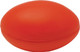 An orange rugby-shaped stress ball with a smooth surface, featuring a logo.