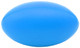A blue stress ball shaped like a rugby ball, featuring a smooth surface and a logo.