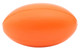 An orange rugby-shaped stress ball, featuring a smooth surface and an embossed logo.