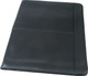 A split leather satchel in black with a full zip closure, featuring a logo on the surface.