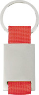 A key ring with a silver metal circular attachment and a vibrant red textured strap.