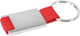A red fabric key ring with a rectangular metallic silver keychain attachment.