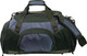 A spacious duffle bag in black and navy, featuring multiple compartments and a sturdy shoulder strap.