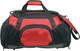 A red and black duffle bag with multiple compartments and a detachable shoulder strap. It has a logo on it.