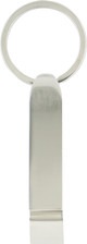 A drink bottle opener key ring made of shiny metal, featuring a simple design and a circular key ring attachment.
