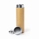 A drink bottle with a bamboo facade and metal cap, featuring a rounded base and a logo on the lid.
