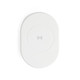 A white wireless charger with a textured circular charging area and a smooth oval shape. It features a branding logo.