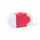 A red and white promotional product with a circular opening and a logo.