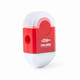 A sharpener for pencils in red and white, featuring a logo on the side.