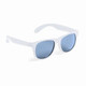 A pair of white sunglasses with blue lenses, featuring a simple design and a logo on the side.