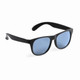 Black sunglasses with blue lenses, featuring a sleek design and a logo on the frame.