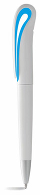 A plastic twist-action pen with a white barrel and blue trim, featuring a shiny silver tip and a logo.
