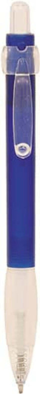 A plastic pen featuring a frosted blue barrel, ergonomic grip, and click action mechanism. Includes a logo.