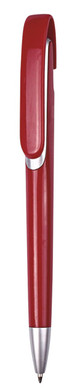 A red plastic pen with a European design and a push-button mechanism, featuring a silver clip and tip.