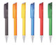 A set of twist action plastic pens in black, orange, yellow, blue, red, and green with a logo on each.