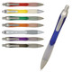A collection of plastic pens with frosted barrels and rubber grips in various colours, including blue, purple, and green.