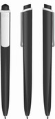 A sleek black plastic pen with a silver clip and branding, showcasing a streamlined design from multiple angles.