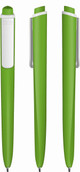 A green plastic pen featuring a sleek design and a clip, with a logo present on the side.
