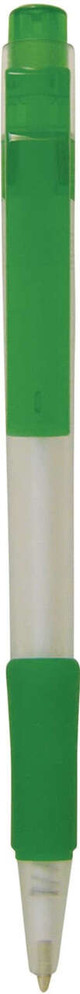 A plastic pen with a frosted barrel and a rubber grip, featuring a green upper section and a white lower section.