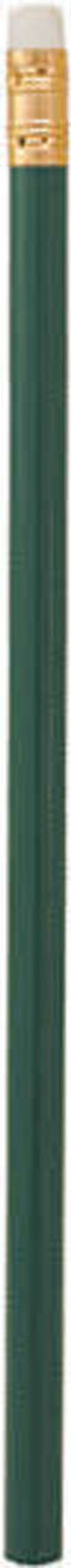 A green unsharpened pencil with a gold eraser on top, featuring a branding logo.
