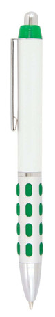 A plastic pen with a click action, white body and green rubber grip spots, featuring a silver clip and tip.
