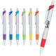 A collection of plastic pens with silver barrels and coloured trims in purple, blue, green, yellow, orange, and red. Each has a logo.