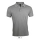 A grey polo shirt made of 65% polyester and 35% ring spun cotton, featuring a collar and three buttons, with a logo.