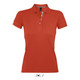 A women's polo shirt in vibrant orange, made of 100% ring-spun cotton, featuring a logo on the sleeve.