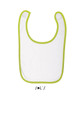 A white baby bib with bright green trim and a logo at the bottom. It features snap closures for easy wear.