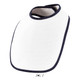 A white baby bib with navy trim, featuring a rounded neckline and a simple design. It includes a branding logo.