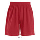 Red sports shorts for kids with an elastic waistband, featuring a logo at the bottom.