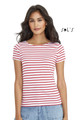 A women's round neck T-shirt in white with red stripes, made from combed cotton, featuring a logo.