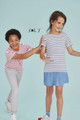 A striped round neck T-shirt for kids in red and white, worn by a boy and a girl, with a branded logo.