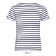 A striped T-shirt in white and navy blue with a round neck, made from combed cotton. Features a logo.