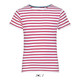 A striped kids' T-shirt in white and red, featuring a round neck and short sleeves, with a logo.
