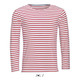A long sleeve men's T-shirt featuring a red and white striped pattern made from 100% combed ring spun cotton.