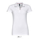 A white women's polo shirt made from 100% ring spun cotton, featuring a collar and a logo.