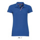 A women's polo shirt in vibrant blue, made from 100% ring spun cotton, featuring a collar and a logo.