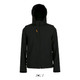 A black soft shell jacket with a removable hood and sleeves, featuring a logo on the front.