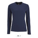 A women's long sleeve T-shirt in navy blue, made from 100% semi-combed ring spun cotton, featuring a small logo.