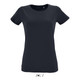 A navy women's T-shirt made from 100% semi spun combed ring spun cotton, featuring a simple design and a logo.