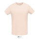 A light beige men's round neck T-shirt made from 100% semi-combed ring spun cotton. Features a logo.