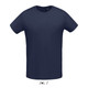 Men's round neck T-shirt in navy blue, made from 100% semi-combed ring-spun cotton, featuring a logo.