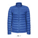 A blue women's puffer jacket featuring a zip-front design, crafted from 90% down and 10% feathers.