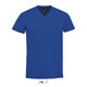 A blue men's V-neck T-shirt made of 100% semi-combed ring spun cotton, featuring a logo.
