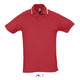 A red polo shirt made from 100% ring spun cotton, featuring a collar with contrasting stripes and a logo.