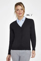 A women's golden knitted cardigan with a V-neck design, featuring buttons and a fitted silhouette. It includes a logo.