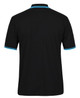 A black polo shirt featuring contrast blue stripes on the collar and sleeves, with a logo on the left chest.